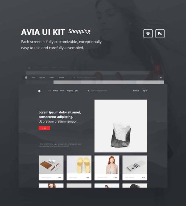 高度抛光的40模板UI套件,Avia UI套件:购物 高度抛光的40模板UI套件,Avia UI套件:购物