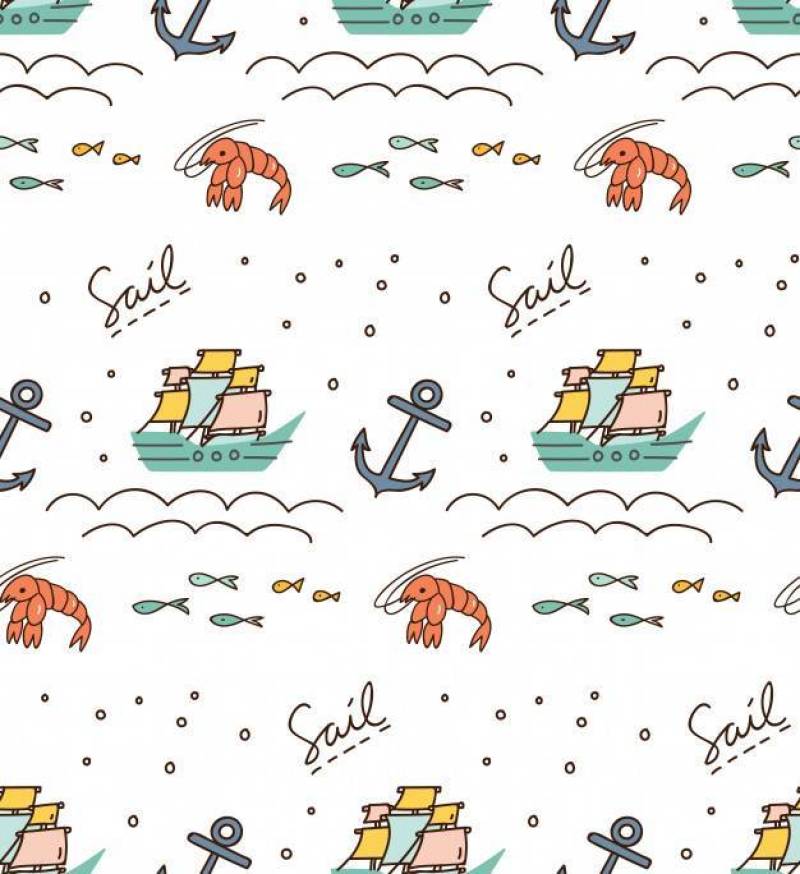 打印和模式与帆船，锚，虾等