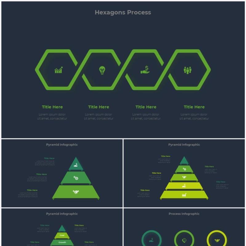 深色背景绿色圆形结构图并列关系信息图表PPT元素素材Infographic Green