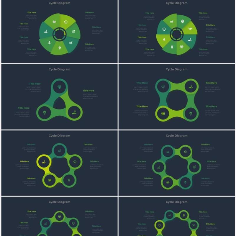 深色背景绿色圆形结构图并列关系信息图表PPT元素素材Infographic Green