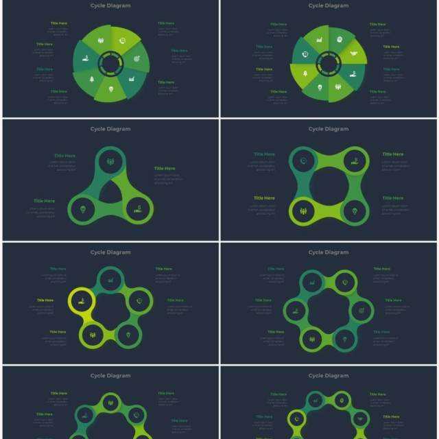 深色背景绿色圆形结构图并列关系信息图表PPT元素素材Infographic Green