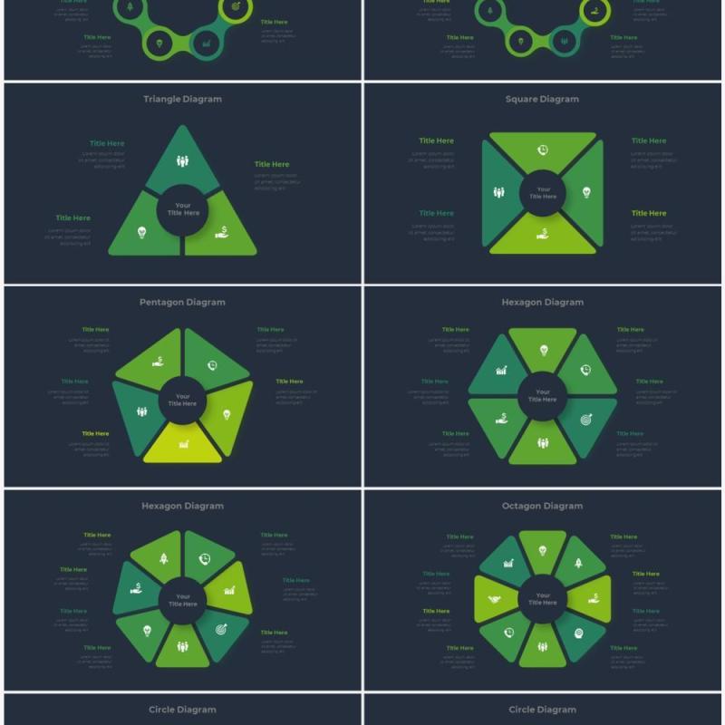 深色背景绿色圆形结构图并列关系信息图表PPT元素素材Infographic Green