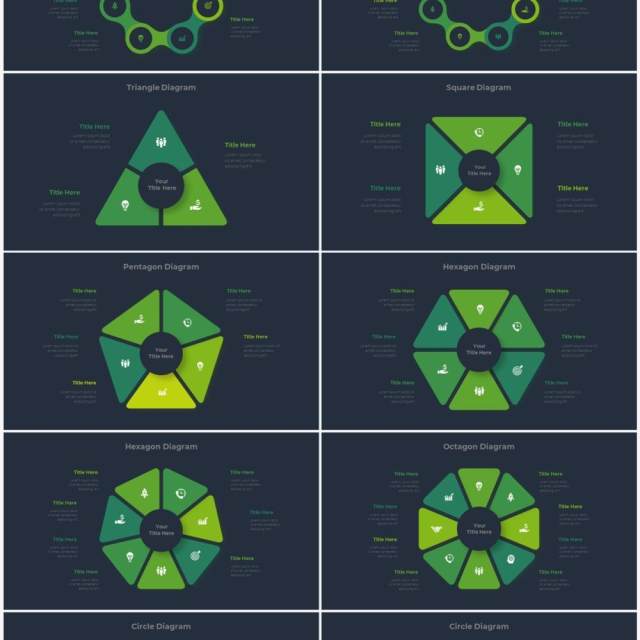 深色背景绿色圆形结构图并列关系信息图表PPT元素素材Infographic Green