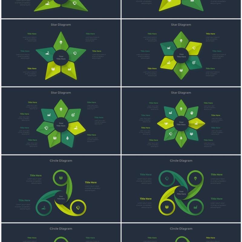 深色背景绿色圆形结构图并列关系信息图表PPT元素素材Infographic Green