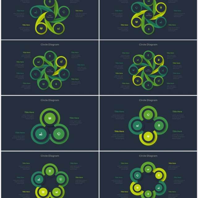 深色背景绿色圆形结构图并列关系信息图表PPT元素素材Infographic Green