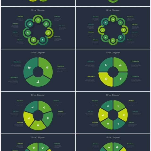 深色背景绿色圆形结构图并列关系信息图表PPT元素素材Infographic Green