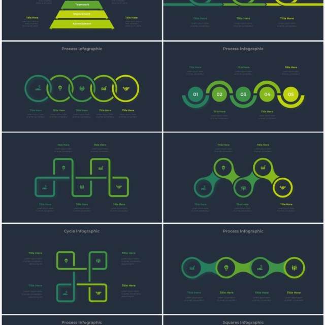 深色背景绿色圆形结构图并列关系信息图表PPT元素素材Infographic Green