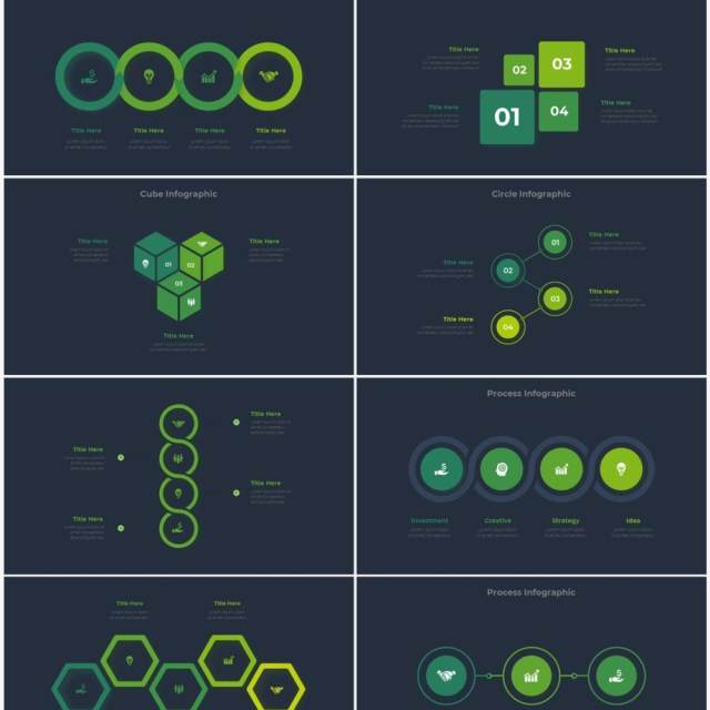 深色背景绿色圆形结构图并列关系信息图表PPT元素素材Infographic Green