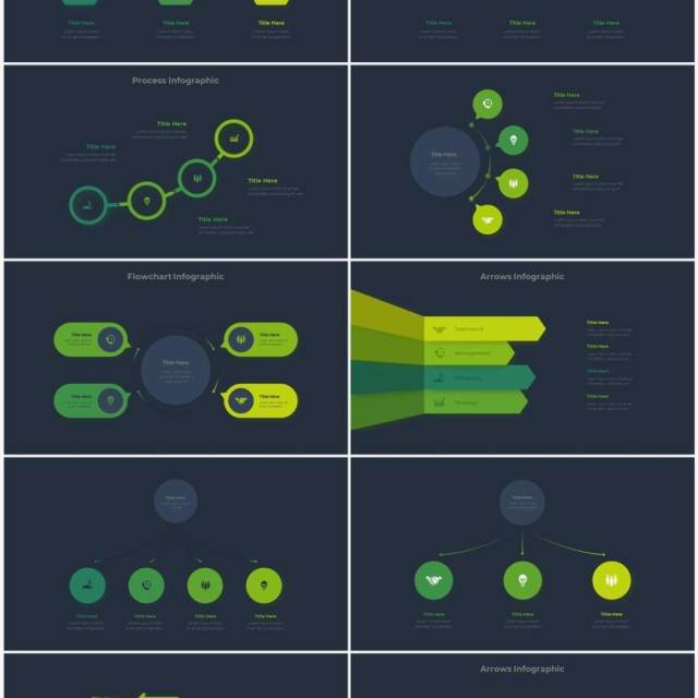 深色背景绿色圆形结构图并列关系信息图表PPT元素素材Infographic Green