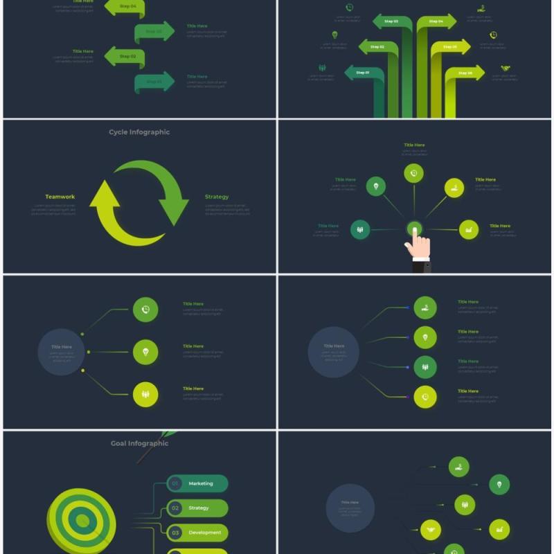 深色背景绿色圆形结构图并列关系信息图表PPT元素素材Infographic Green