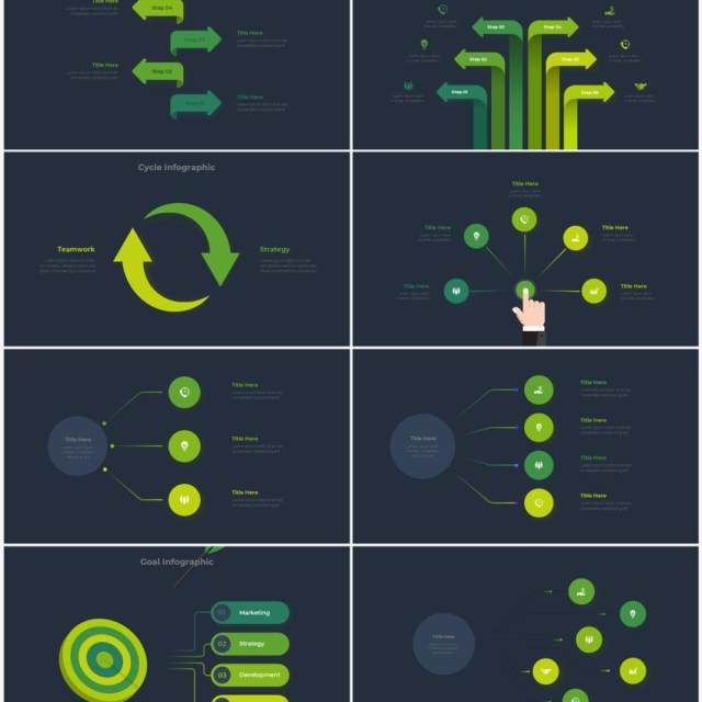 深色背景绿色圆形结构图并列关系信息图表PPT元素素材Infographic Green