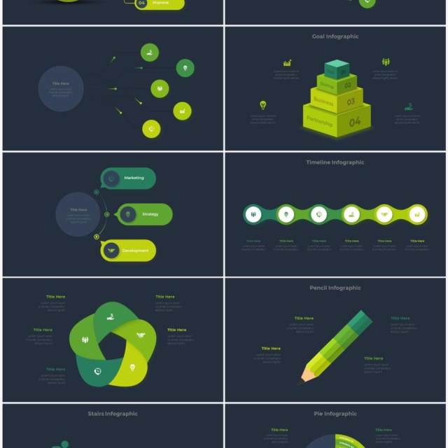 深色背景绿色圆形结构图并列关系信息图表PPT元素素材Infographic Green