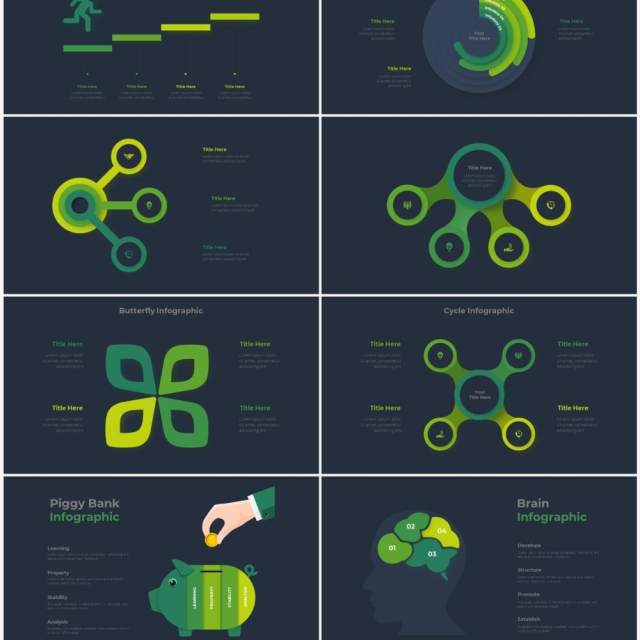 深色背景绿色圆形结构图并列关系信息图表PPT元素素材Infographic Green