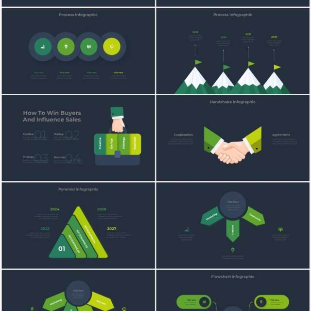 深色背景绿色圆形结构图并列关系信息图表PPT元素素材Infographic Green