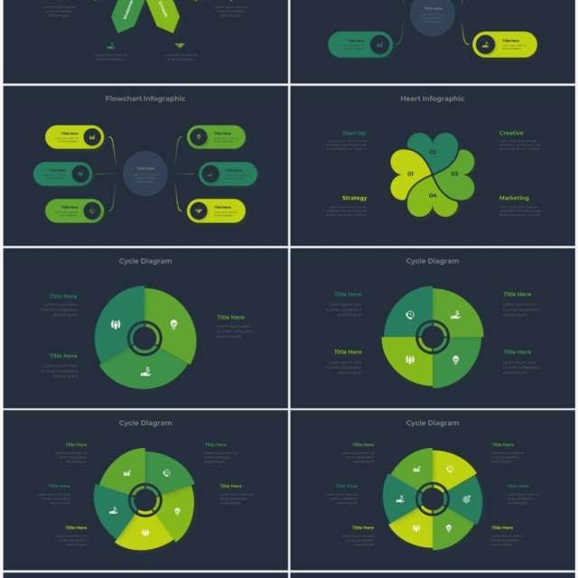 深色背景绿色圆形结构图并列关系信息图表PPT元素素材Infographic Green