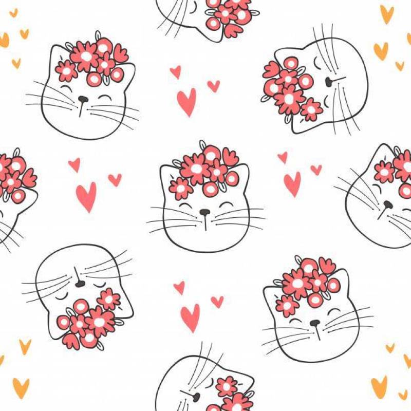 Draw seamless pattern cute cat and beauty flower