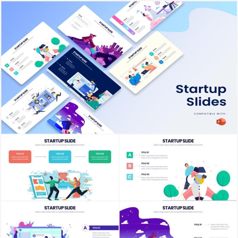 创意人物插画创业公司项目启动PPT模板素材Startup Powerpoint Infographics