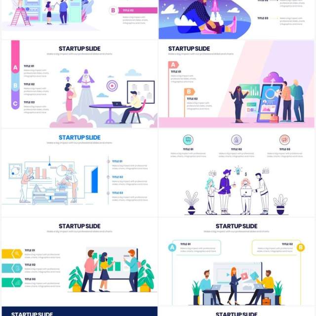 创意人物插画创业公司项目启动PPT模板素材Startup Powerpoint Infographics