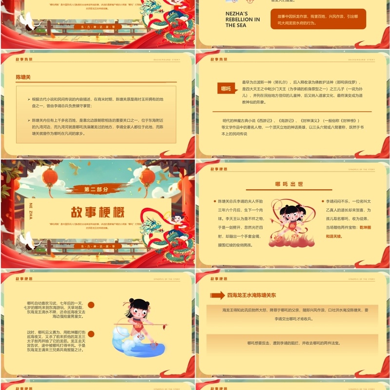 黄色插画风哪吒闹海神话故事PPT模板