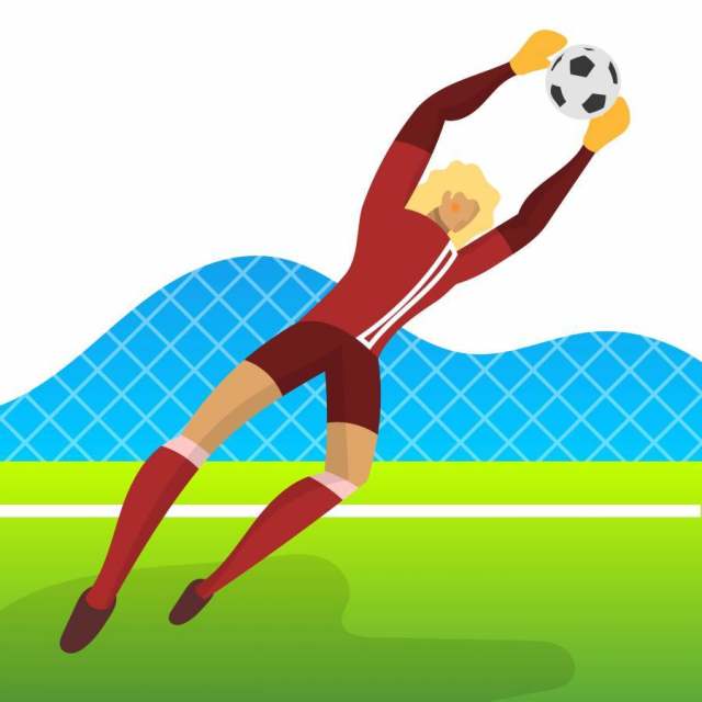 世界杯2018年的现代极简主义冰岛足球运动员守门员抓住球与渐变背景矢量图