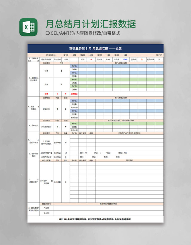 月总结月计划汇报数据化报表Excel模板