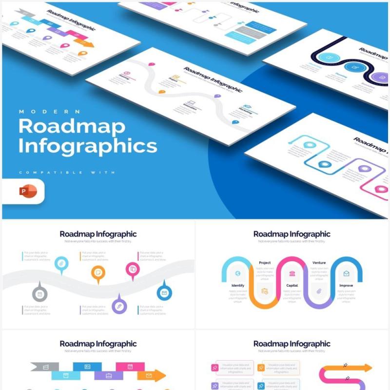 彩色创意路线图时间轴PPT信息图形素材Roadmap Powerpoint Infographics