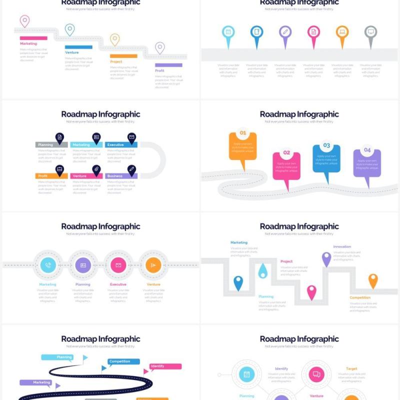 彩色创意路线图时间轴PPT信息图形素材Roadmap Powerpoint Infographics