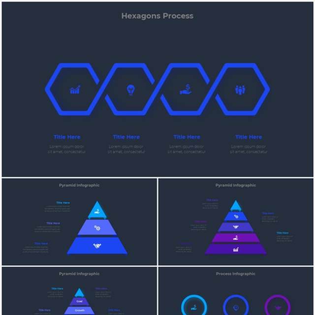 深色背景蓝色圆形结构图并列关系信息图表PPT元素素材Infographic Blue