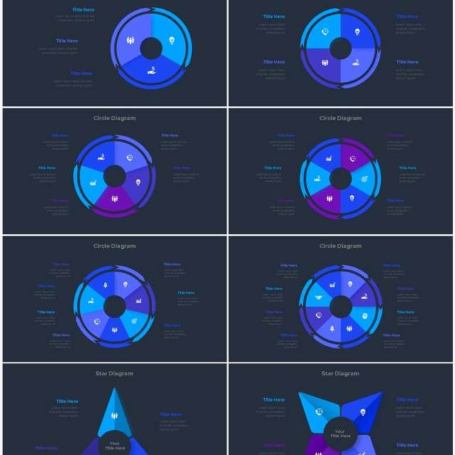 深色背景蓝色圆形结构图并列关系信息图表PPT元素素材Infographic Blue