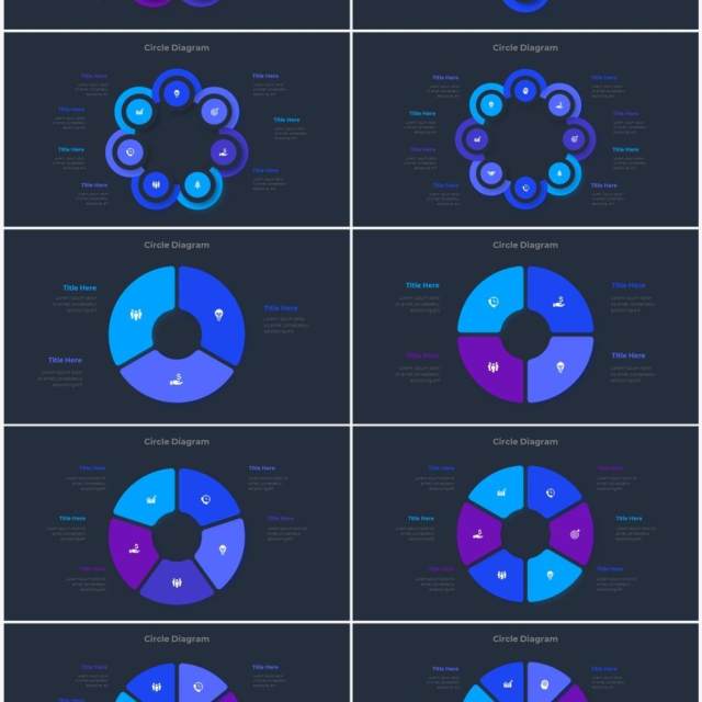 深色背景蓝色圆形结构图并列关系信息图表PPT元素素材Infographic Blue