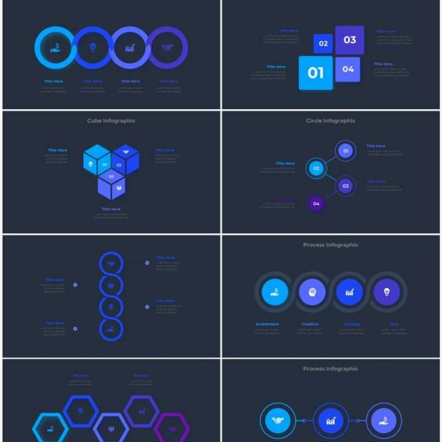 深色背景蓝色圆形结构图并列关系信息图表PPT元素素材Infographic Blue