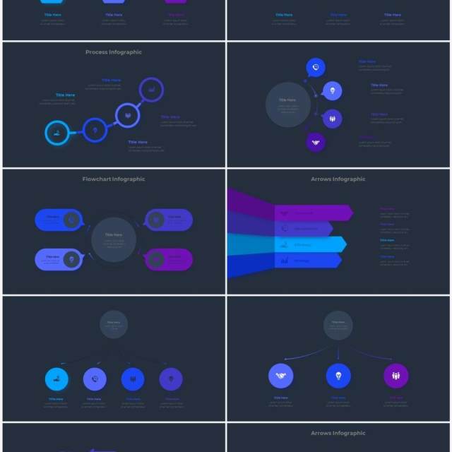 深色背景蓝色圆形结构图并列关系信息图表PPT元素素材Infographic Blue