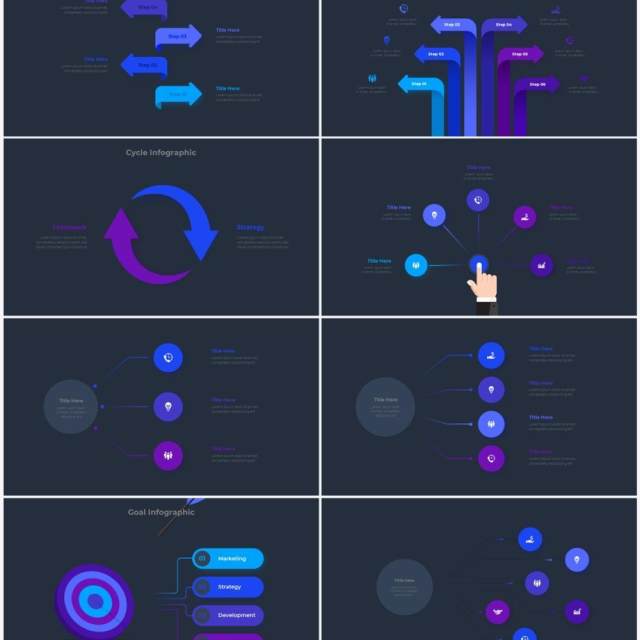 深色背景蓝色圆形结构图并列关系信息图表PPT元素素材Infographic Blue