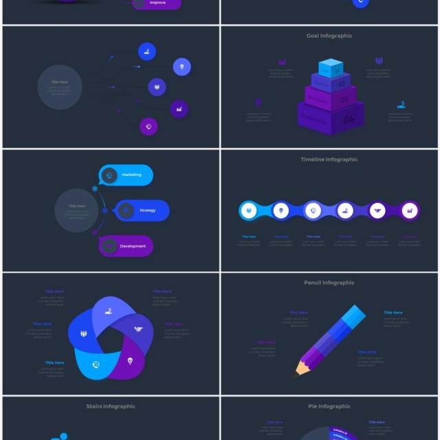 深色背景蓝色圆形结构图并列关系信息图表PPT元素素材Infographic Blue