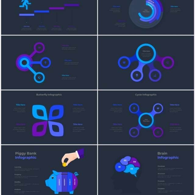 深色背景蓝色圆形结构图并列关系信息图表PPT元素素材Infographic Blue