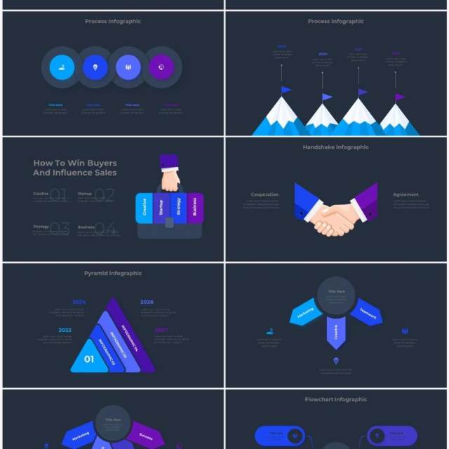 深色背景蓝色圆形结构图并列关系信息图表PPT元素素材Infographic Blue