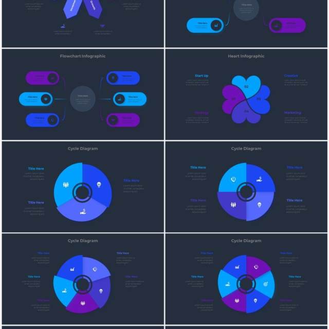 深色背景蓝色圆形结构图并列关系信息图表PPT元素素材Infographic Blue