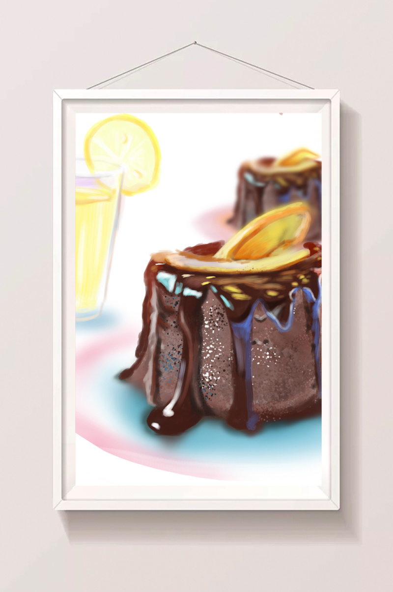 清新写实手绘巧克力柠檬慕斯西式甜点插画