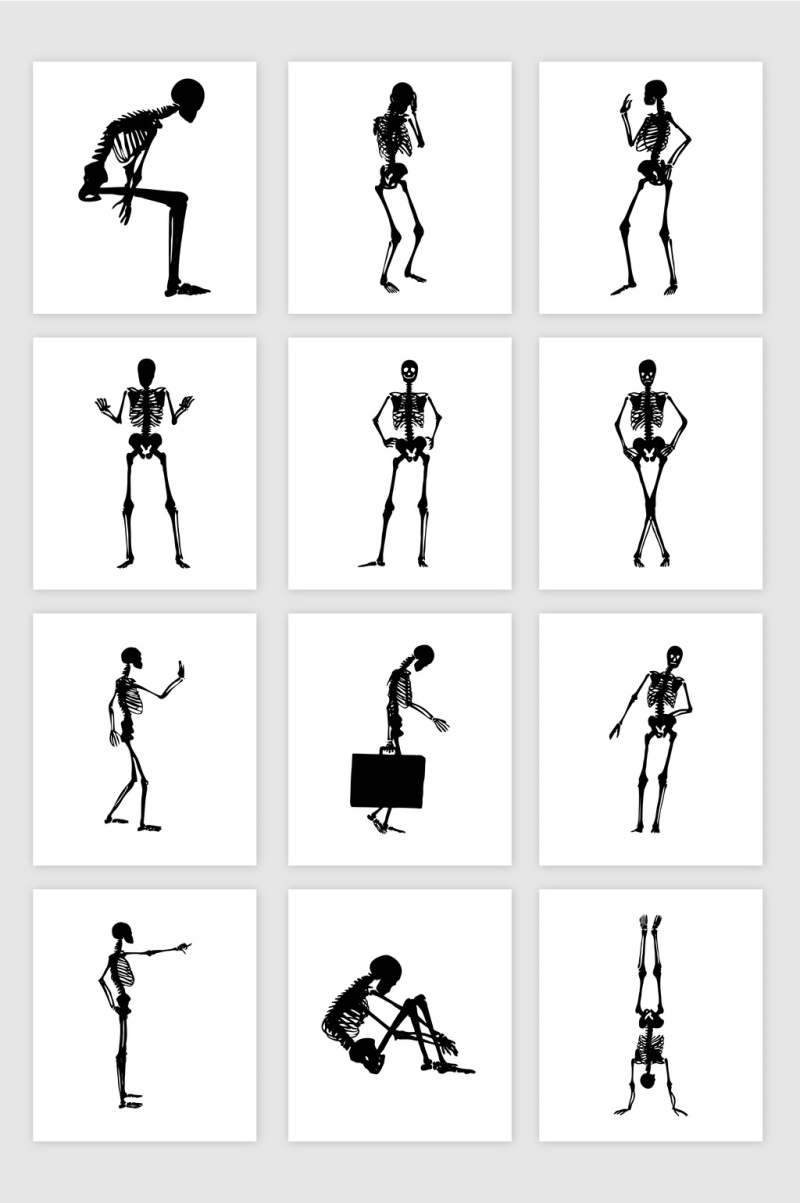 矢量黑色骷髅动作剪影