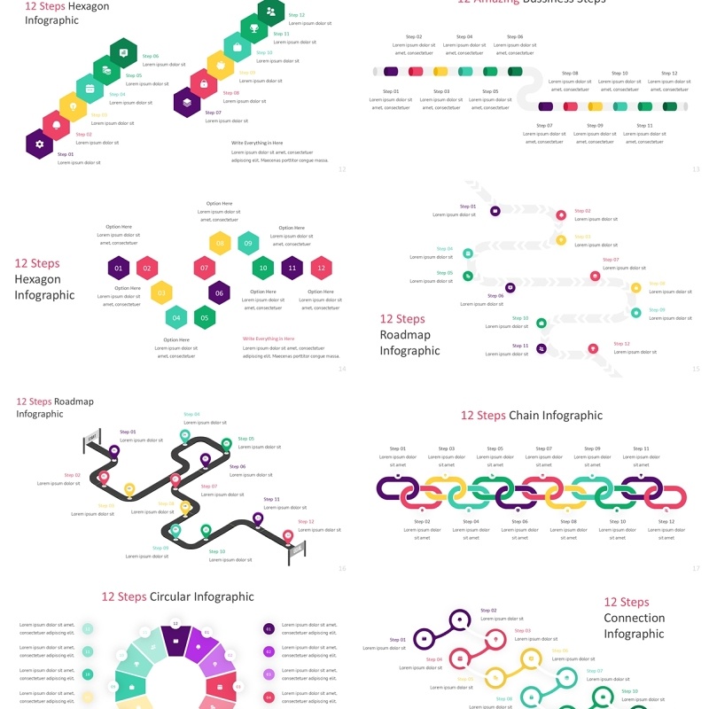 12步骤信息图流程结构图PPT模板素材12 Steps Infographic powerpoint