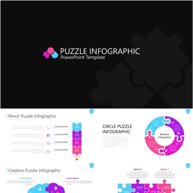 粉紫色拼图信息图PPT素材模板Wide Light Puzzle Infographic