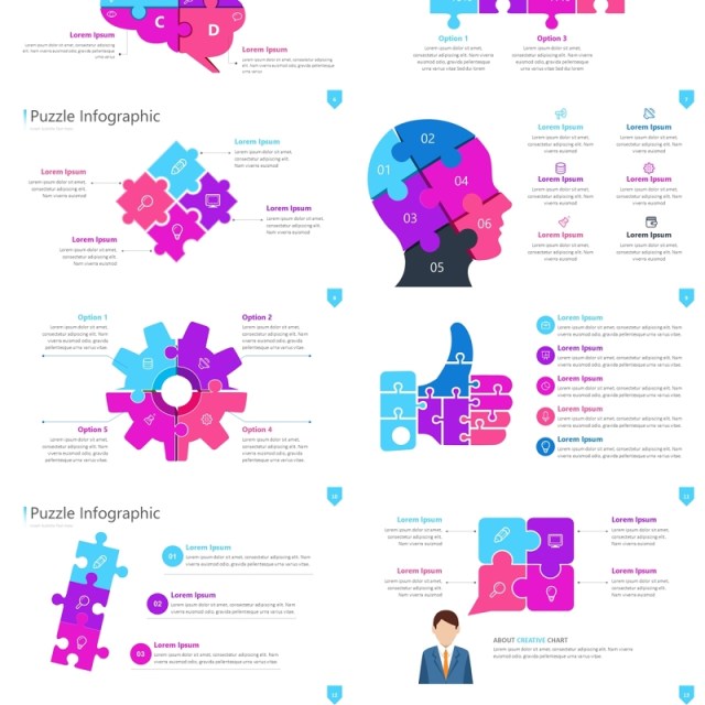 粉紫色拼图信息图PPT素材模板Wide Light Puzzle Infographic