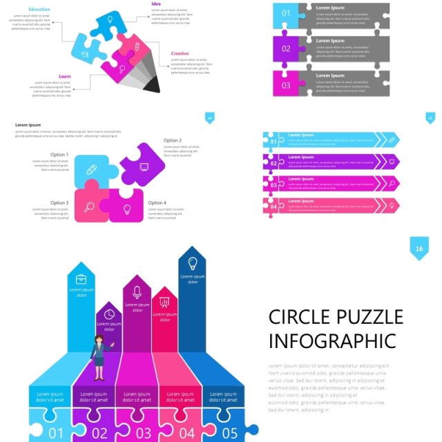 粉紫色拼图信息图PPT素材模板Wide Light Puzzle Infographic