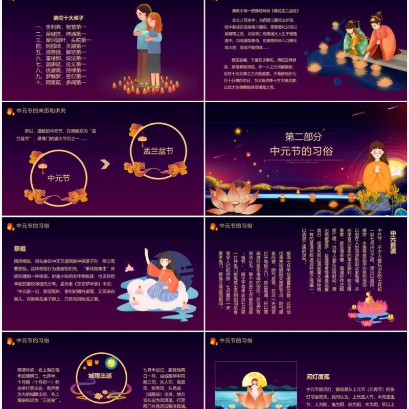 紫色卡通风中国传统节日中元节介绍PPT模板