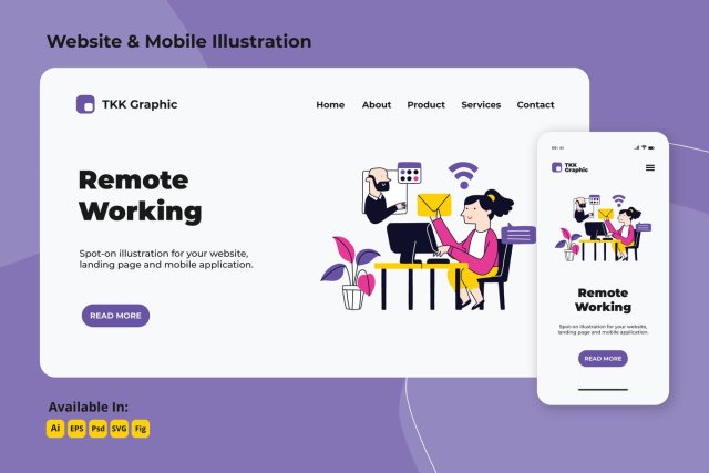 远程工作和外包网络和移动界面插画设计素材Remote working and Outsourcing web and mobile
