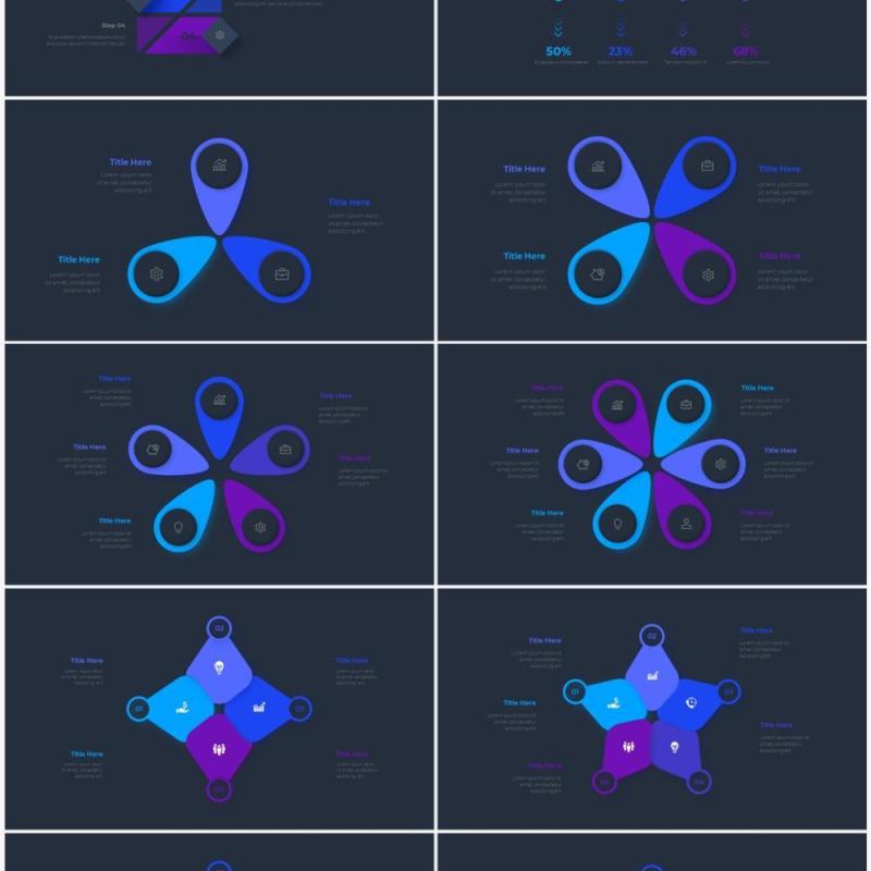 深色系蓝色圆形SWOT矩阵流程图信息图表PPT素材 Infographic Blue