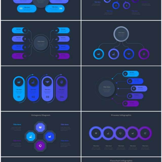 深色系蓝色圆形SWOT矩阵流程图信息图表PPT素材 Infographic Blue