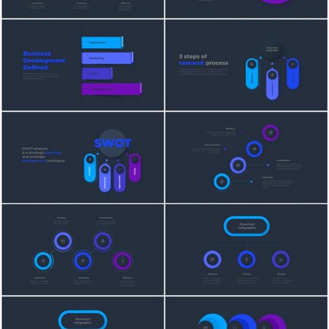 深色系蓝色圆形SWOT矩阵流程图信息图表PPT素材 Infographic Blue