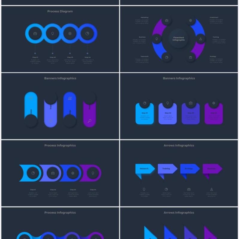 深色系蓝色圆形SWOT矩阵流程图信息图表PPT素材 Infographic Blue