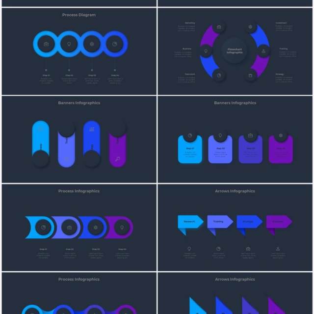 深色系蓝色圆形SWOT矩阵流程图信息图表PPT素材 Infographic Blue